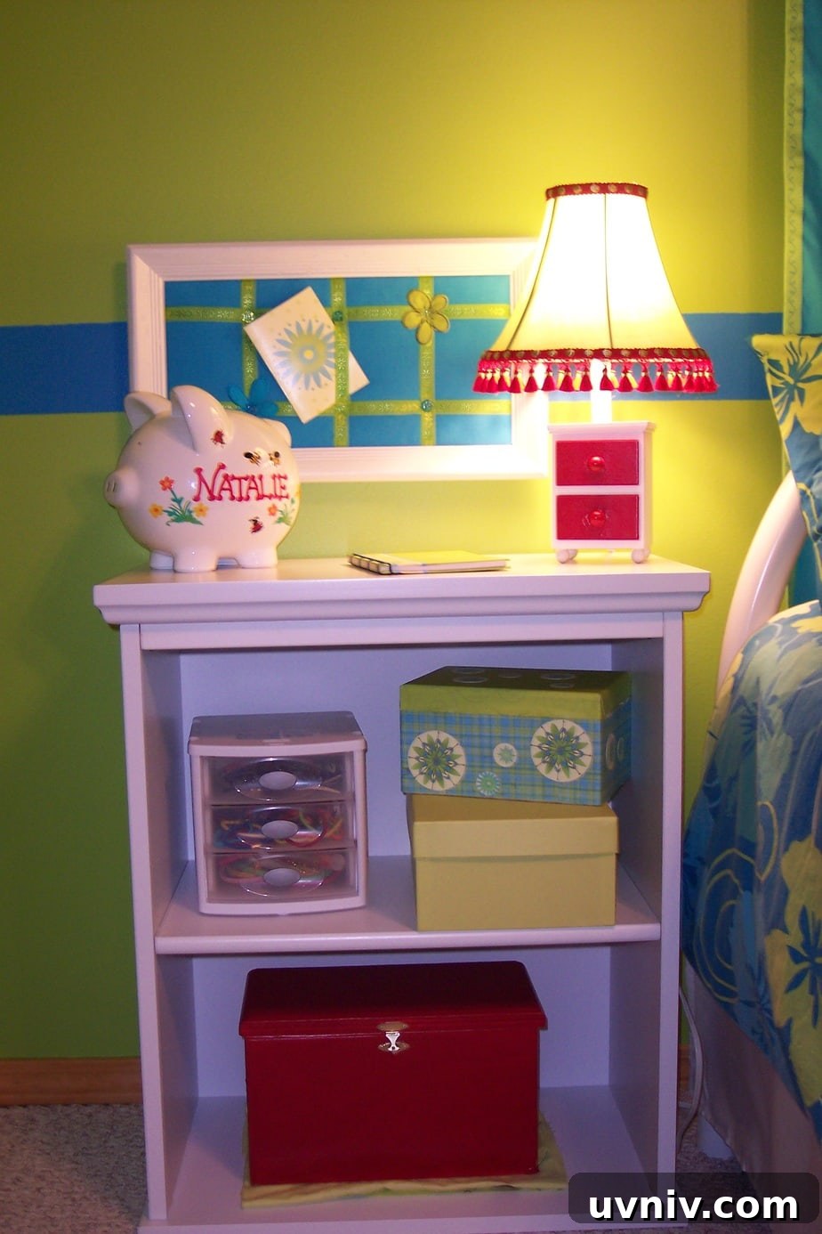 Girls bedroom on a budget night stand, lamp, message board