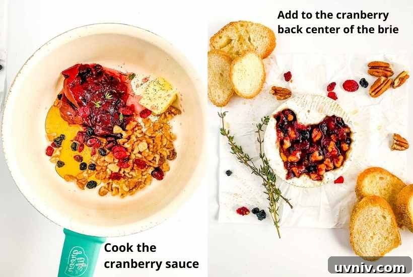 Baked Brie with Cranberries & Toasted Walnuts Recipe 4 Two image collage showing homemade cranberry sauce with walnuts being cooked and added to the brie cheese wheel with text labels.