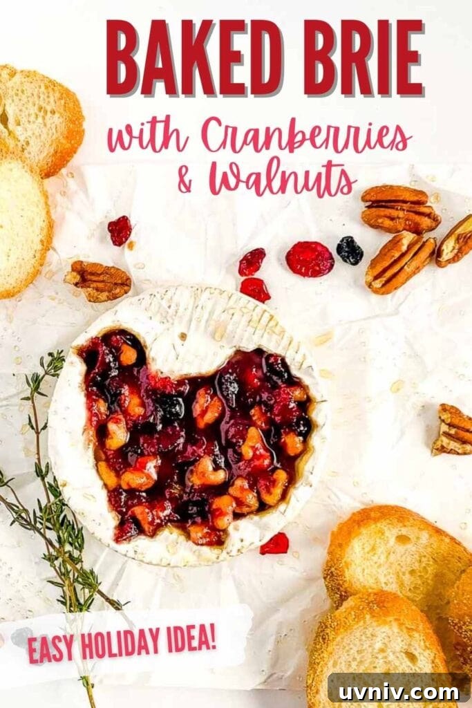 Baked Brie with Cranberries & Toasted Walnuts Recipe 6 Baked brie cheese topped with cranberry sauce and walnuts with text overlay.