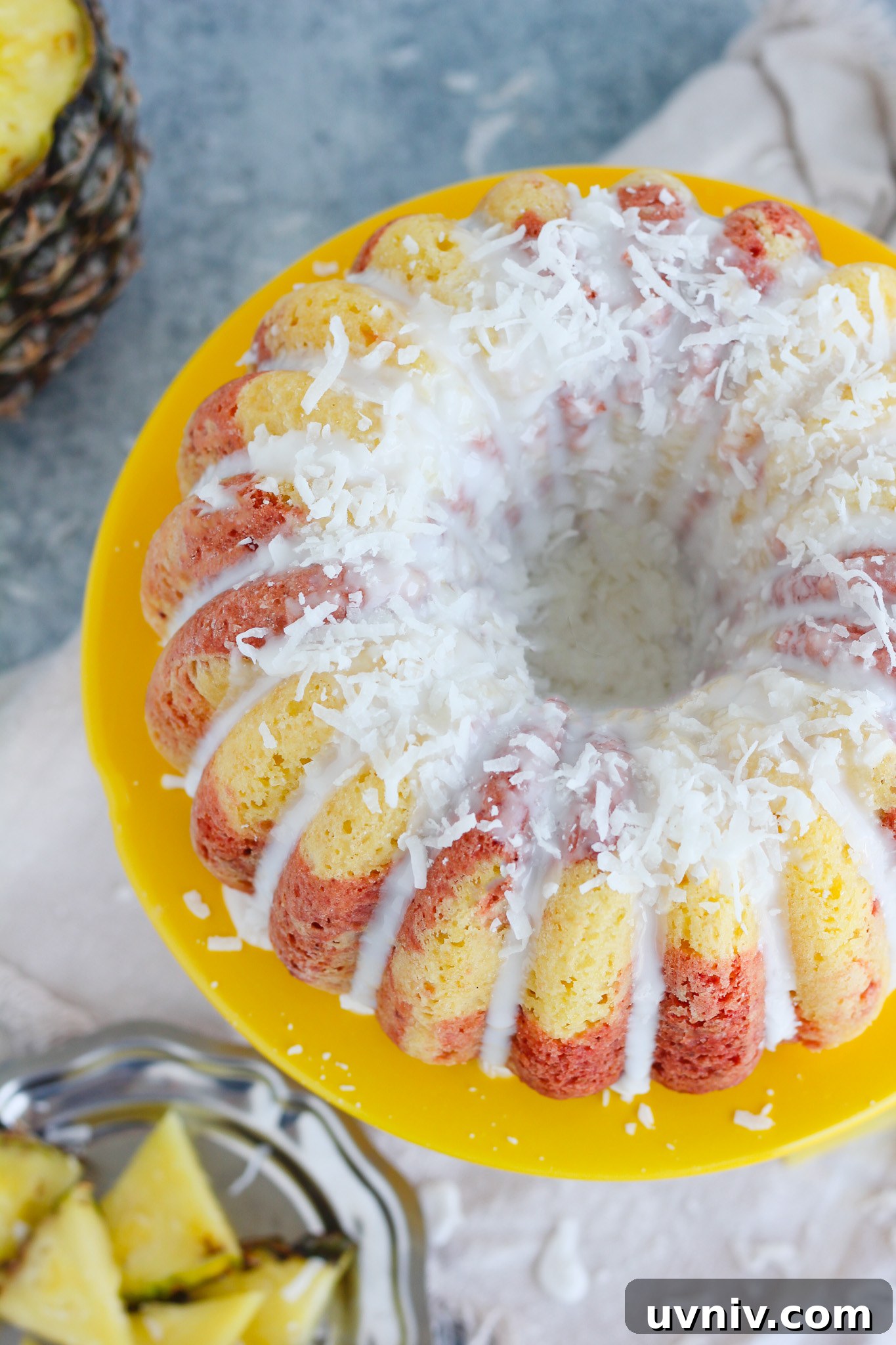 Hawaiian Lava Flow Bundt Cake Recipe: Pineapple Strawberry Swirl 6 Bundt cake on cooling rack