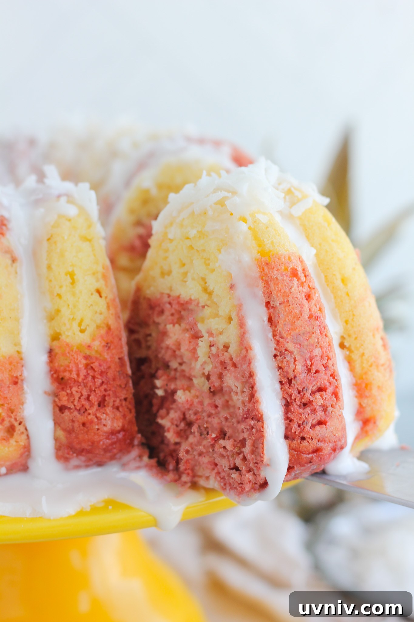Hawaiian Lava Flow Bundt Cake Recipe: Pineapple Strawberry Swirl 7 Slice of lava flow bundt cake