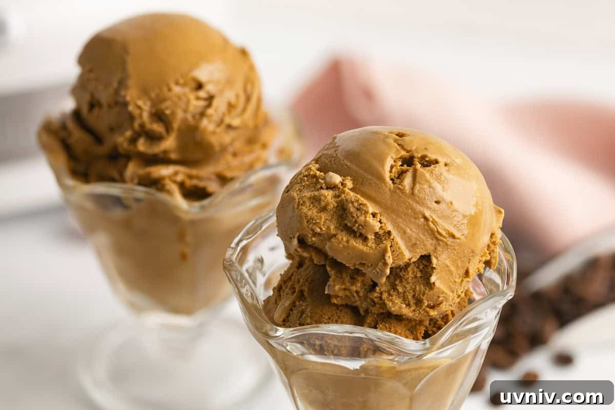 Homemade Espresso Ice Cream Recipe — Rich Coffee Gelato 8 Espresso ice cream in clear glass dishes with espresso coffee beans scattered around them.