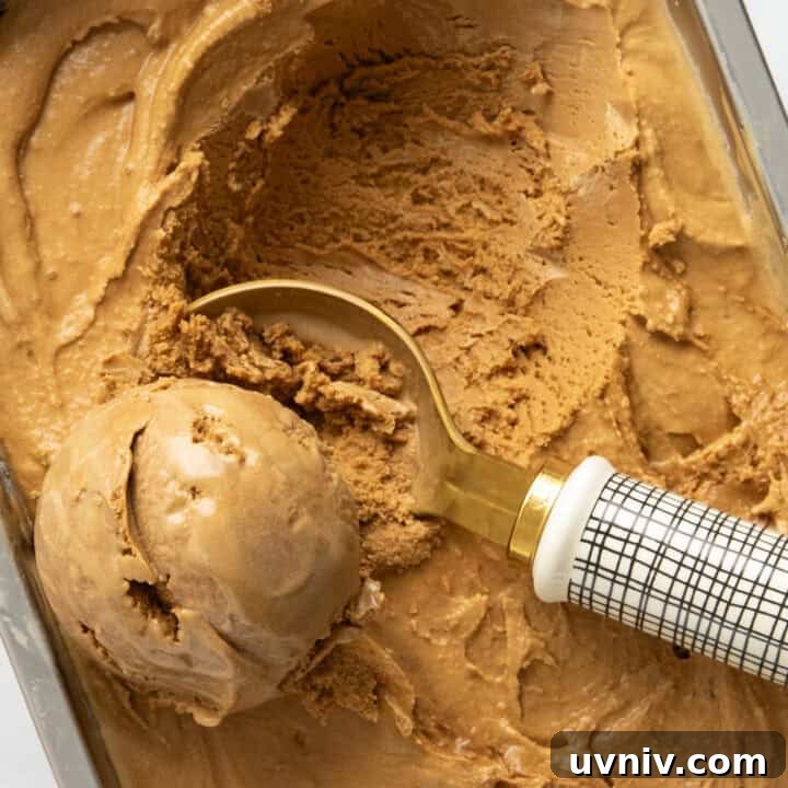A pan of espresso coffee ice cream being scooped by an ice cream scooper. Espresso beans are in the background.