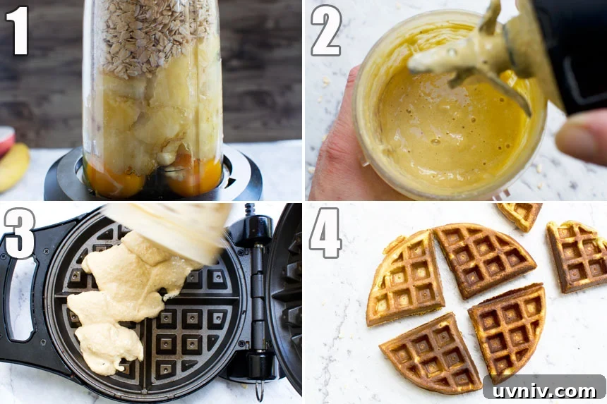 Banana Bread Waffles That Transform Your Weekend Brunch 4 A collage of 4 photos showing how to make banana bread waffles in a blender with just bananas, oats and eggs