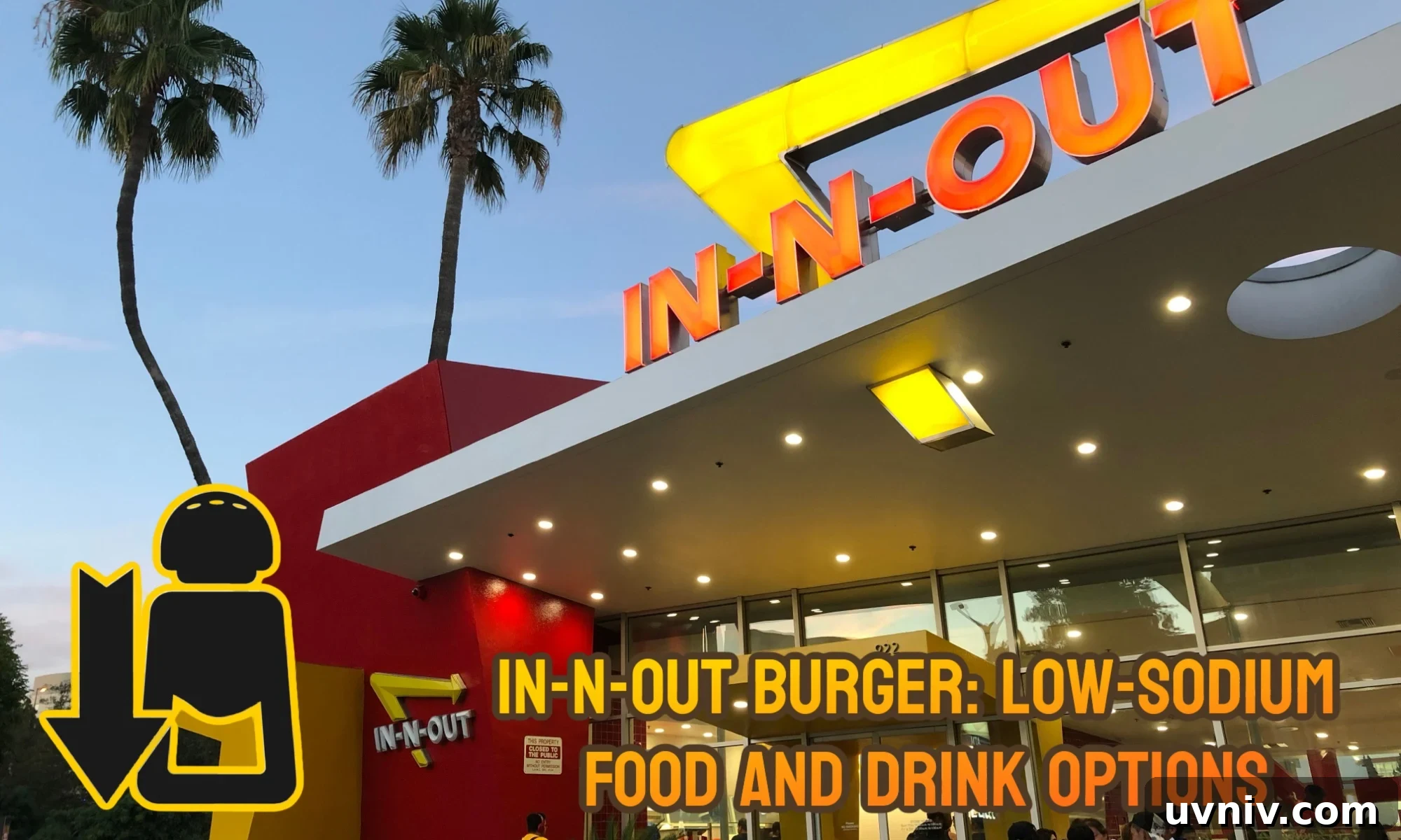 In-N-Out Low-Sodium Menu: All Food and Drink Options 2 The logo for low-sodium food attached to a picture of an In-N-Out Burger restaurant. The text read, "In-N-Out Burger: Low-Sodium Food and Drink Options."