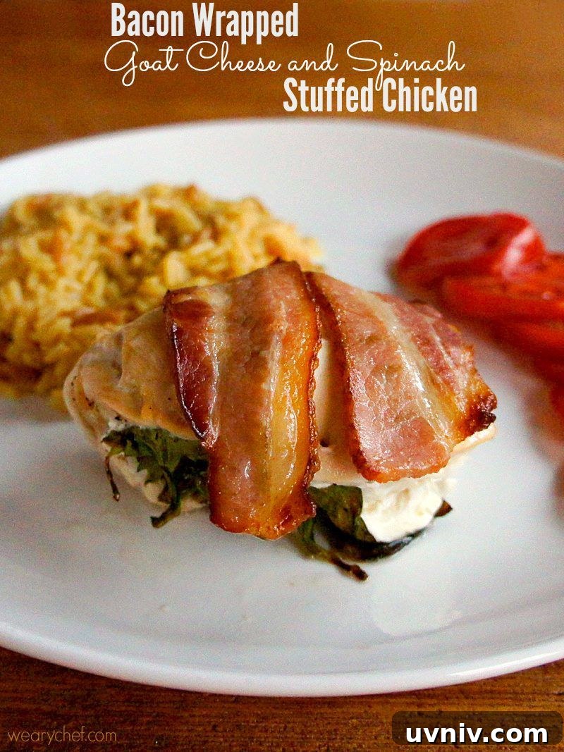 Weekly Dinner Menu 84: Delicious Bacon Recipes for the Week 4 Bacon Wrapped Stuffed Chicken with Goat Cheese and Spinach - wearychef.com