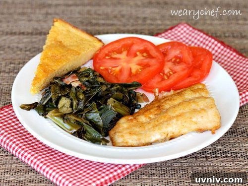 Weekly Dinner Menu 84: Delicious Bacon Recipes for the Week 6 Pan Fried Catfish with Greens and Cornbread - A complete Southern meal!