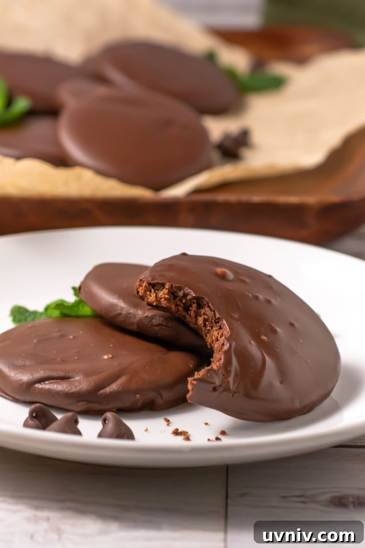 Chocolate round cookies, dipped in chocolate, on a small white plate with the top cookie missing a bite.