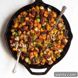 Classic Gluten-Free Stuffing Recipe for Holiday Feasts 2 Gluten Free Stuffing recipe that is full of nutrient dense vegetables and topped off with toasted pecans and dried cranberries. It can be made vegan as well if you omit the sausage. Gluten free stuffing recipe. Grain free stuffing recipe. Paleo thanksgiving recipes.