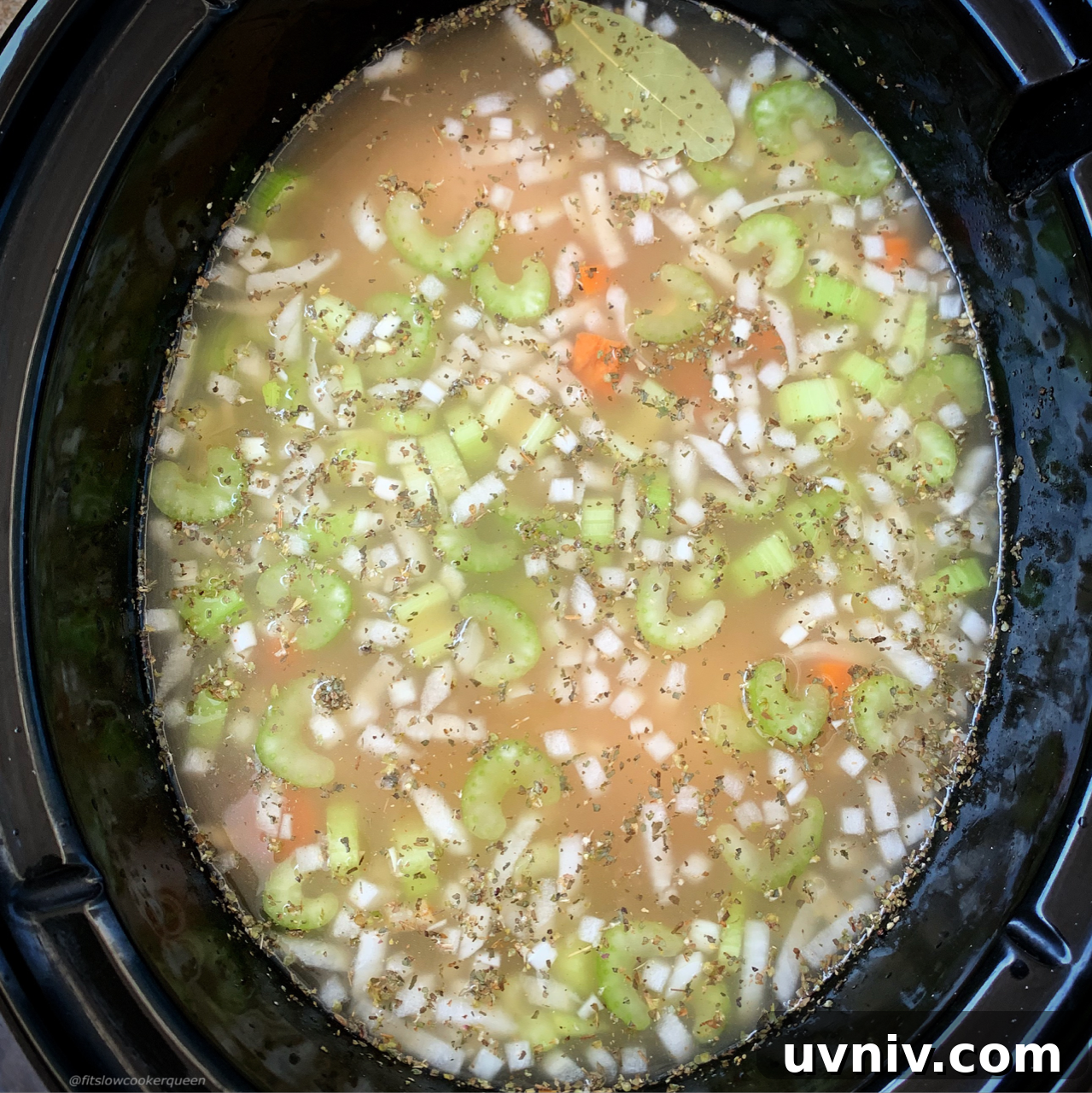 before pic of uncooked chicken soup in the slow cooker