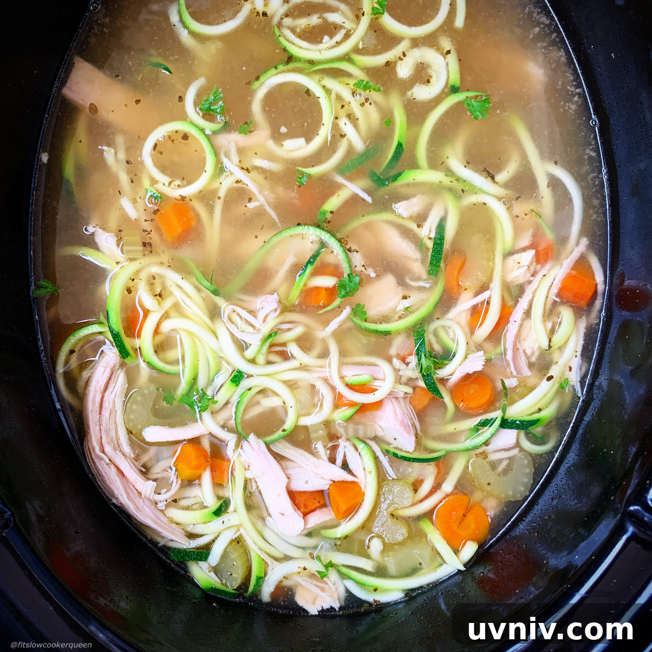 after pic of chicken soup with zoodles in the slow cooker