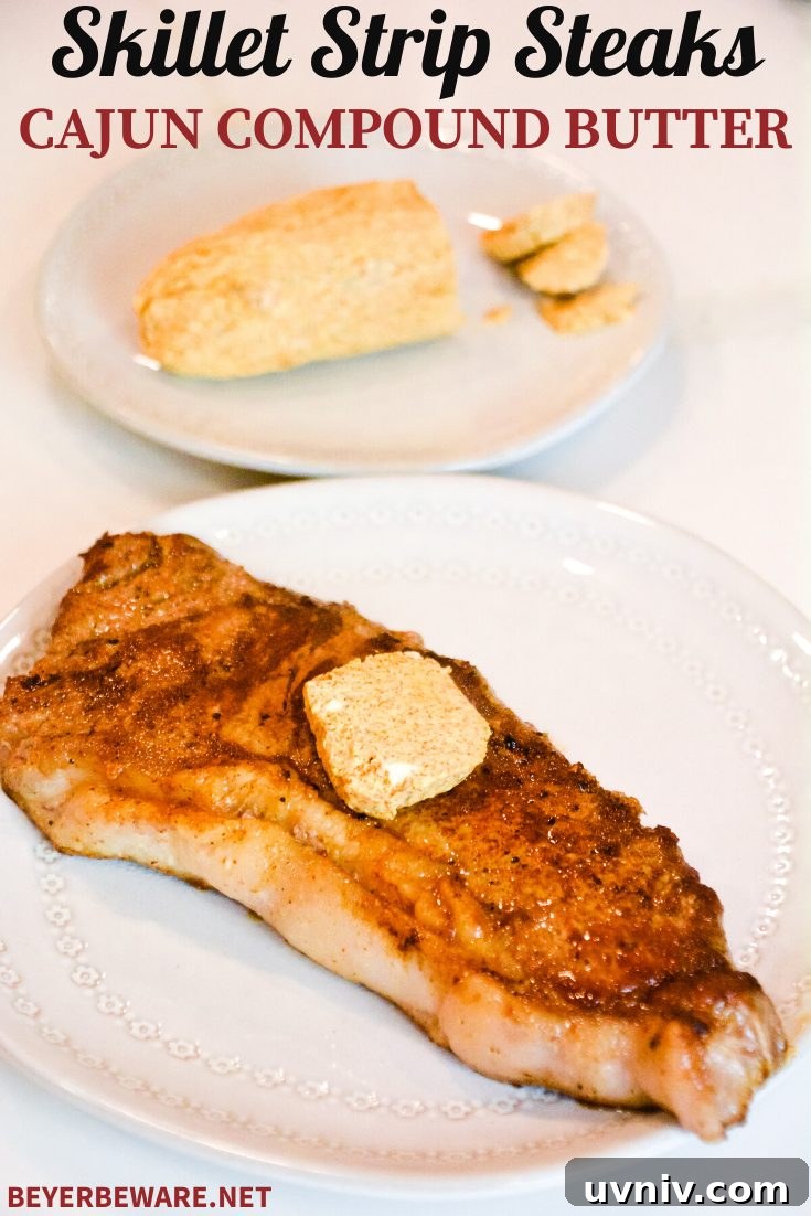 Skillet strip steaks with cajun compound butter
