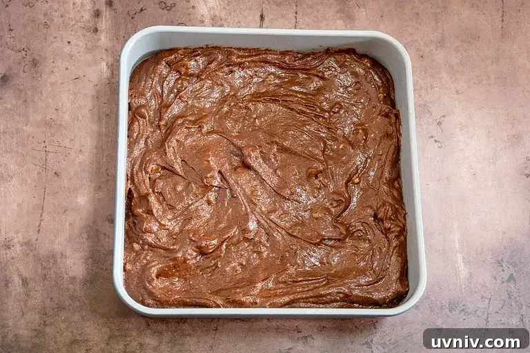 Crunchy Walnut Brownies: Fudgy Chocolate Brownie Recipe 3 brownie batter in the pan