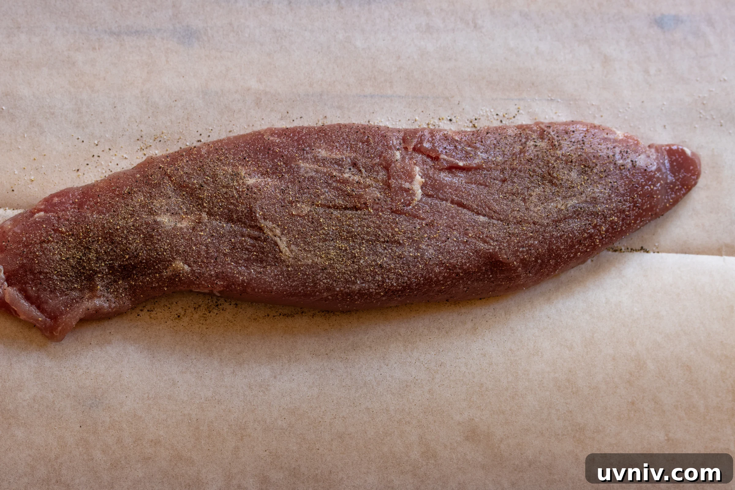 Pork tenderloin seasoned generously with salt and pepper.