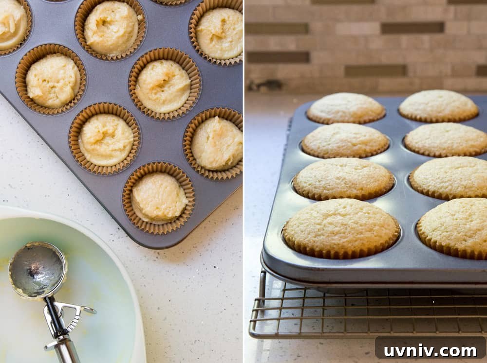 Vanilla cupcake batter and baked cupcakes in a muffin pan