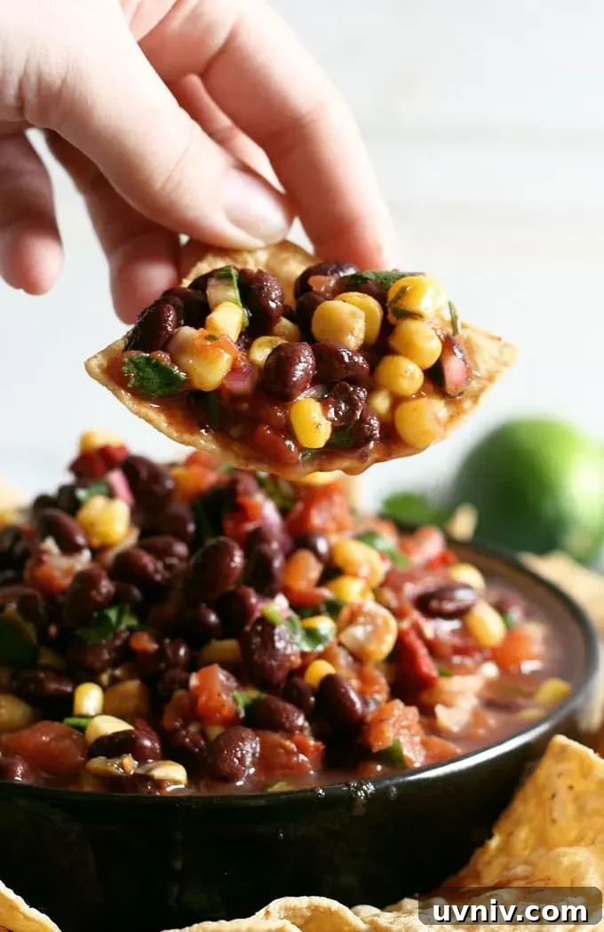 no cook corn black bean salsa on a chip