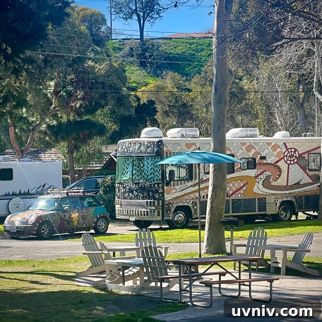 An artistically decorated RV and car parked in a space at the San Diego Metro KOA.