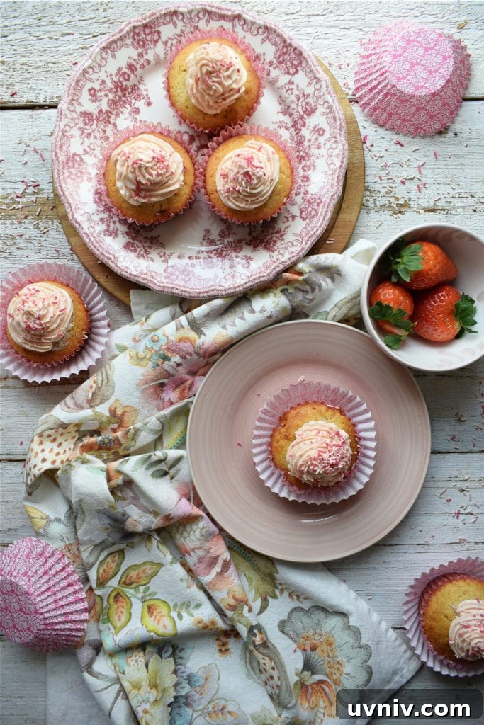 overhead view of strawberry cupcakes with strawberries