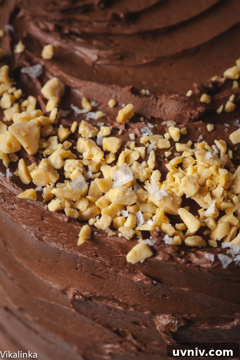 Close up of chocolate honeycomb cake toppings