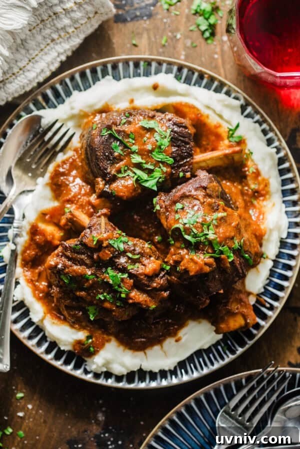 overhead photo of braised short ribs on a plate with mashed potatoes and a fork.