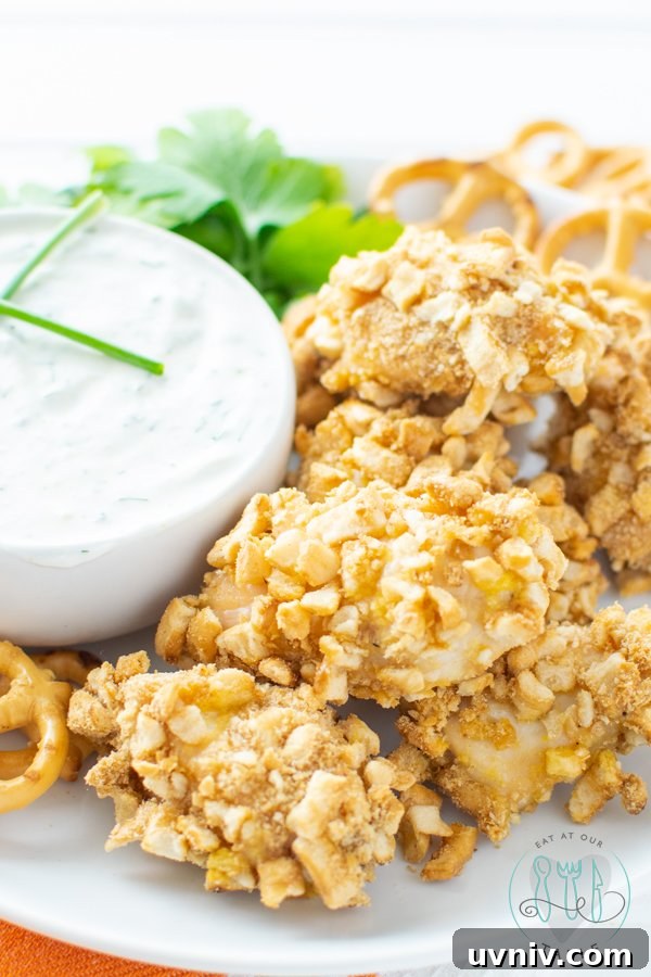 Pretzel crusted chicken nuggets on a plate